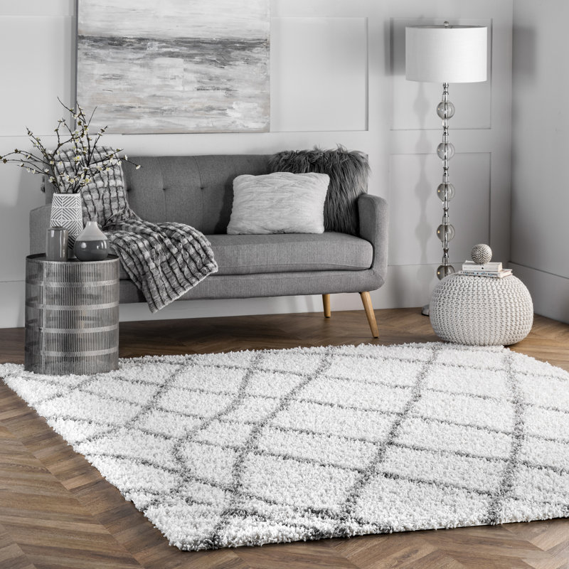 Arteta Moroccan Shag Area Rug for Living Room Bedroom Dining Room Nursery, White/Grey, Rectangle 10'6" x 14'