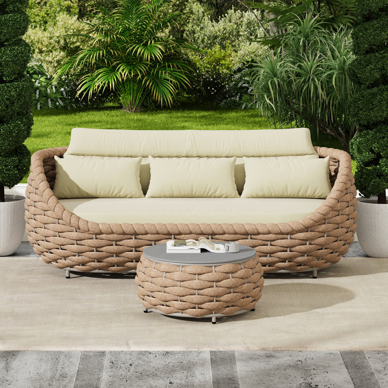 Ensemble de 2 pièces de canapé d'extérieur en aluminium thermolaqué avec table basse, Brun / Blanc, Crème, Corde Textilene