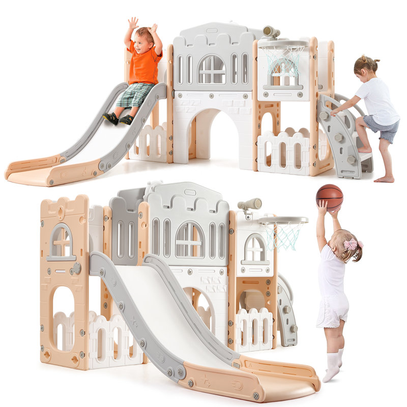 Aire de jeux intérieure 8 en 1 avec glissade pour tout-petits : Ensemble de jeux avec glissade pour bébés de 1 à 3 ans, comprenant un panier de basketball, une structure d'escalade, un tunnel, un télescope et un espace de rangement pour jouets.