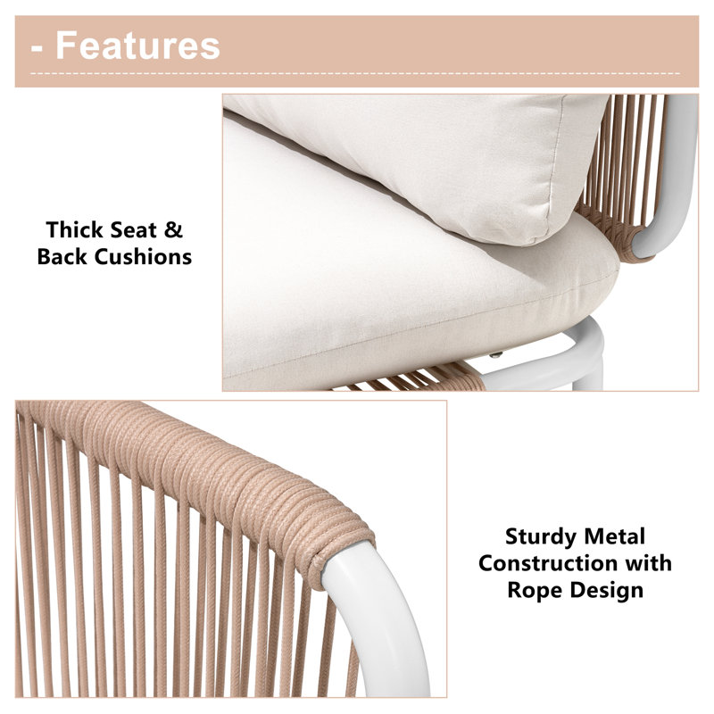 Canapé modulaire d'extérieur en métal pour 6 personnes avec coussins, Coussin beige / cadre blanc / naturel