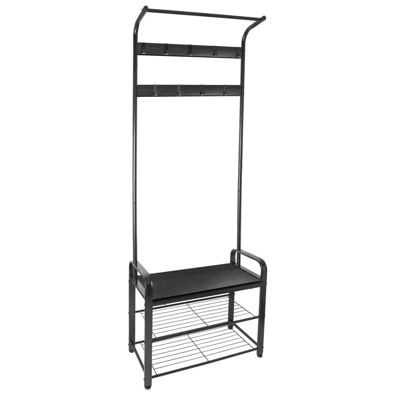 Curved Steel Coat Rack with Shoe Storage Bench - Black Frame with Wooden Seat, Black