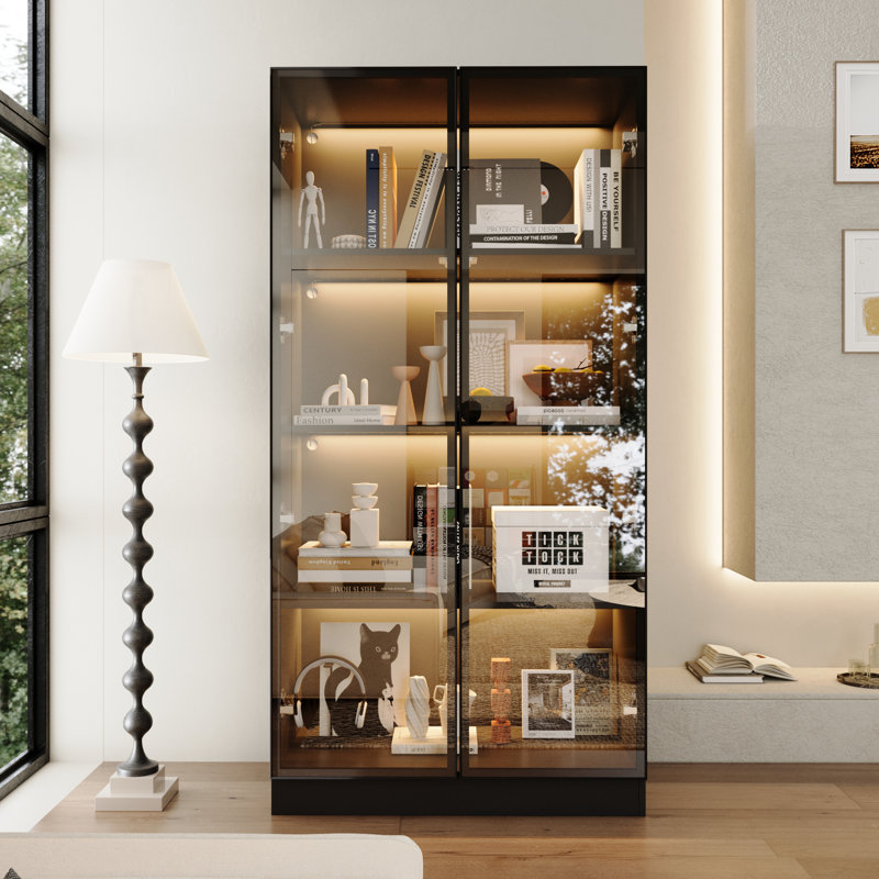 160CM High Display Stand With 3-Colour Led Lighting & Mirrored Back - 4-Tier Glass Showcase, Black