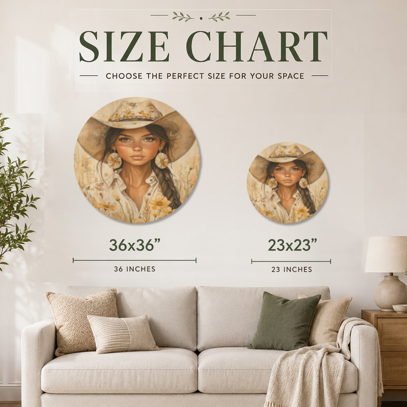 Portrait d'une cowgirl aux fleurs sauvages - Tableau rond pour femme, imprimé sur bois, Rond 36 po, Rond