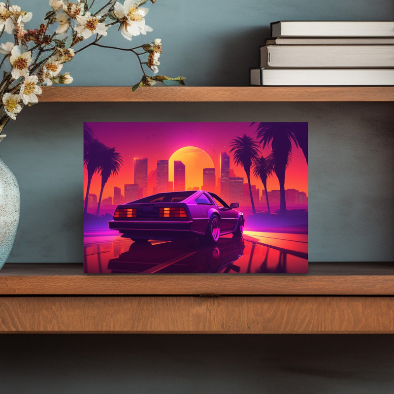 «Retro Car City Sunset», art mural rétro classique avec paysage de palmiers, H 12 po x l 18 po