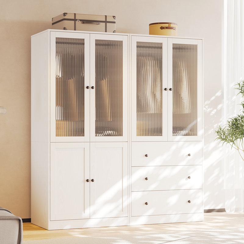Armoire moderne 20 po x l 63 po x H 71 po avec portes à fermeture douce - garde-robe en verre cannelé avec tablettes et tiroirs