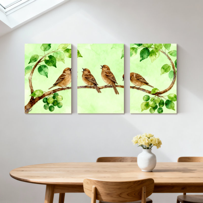 Oiseaux sur une branche avec feuilles vertes et baies, ensemble de 3 impressions sur toile, H 30 po x l 60 po
