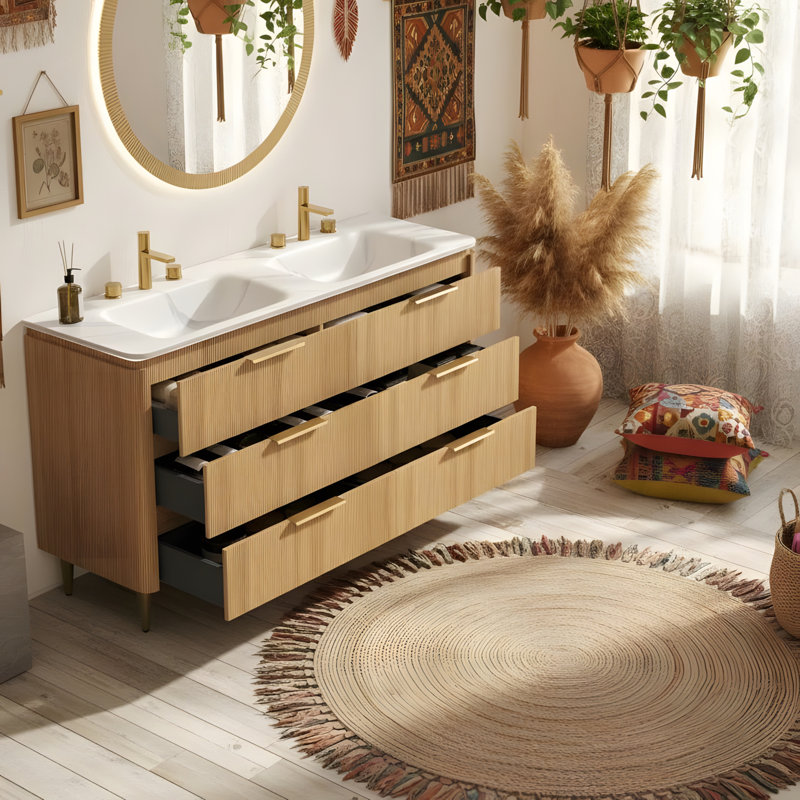 Armoire de rangement autoportante à bord courbé en contreplaqué avec tiroirs, Chêne clair
