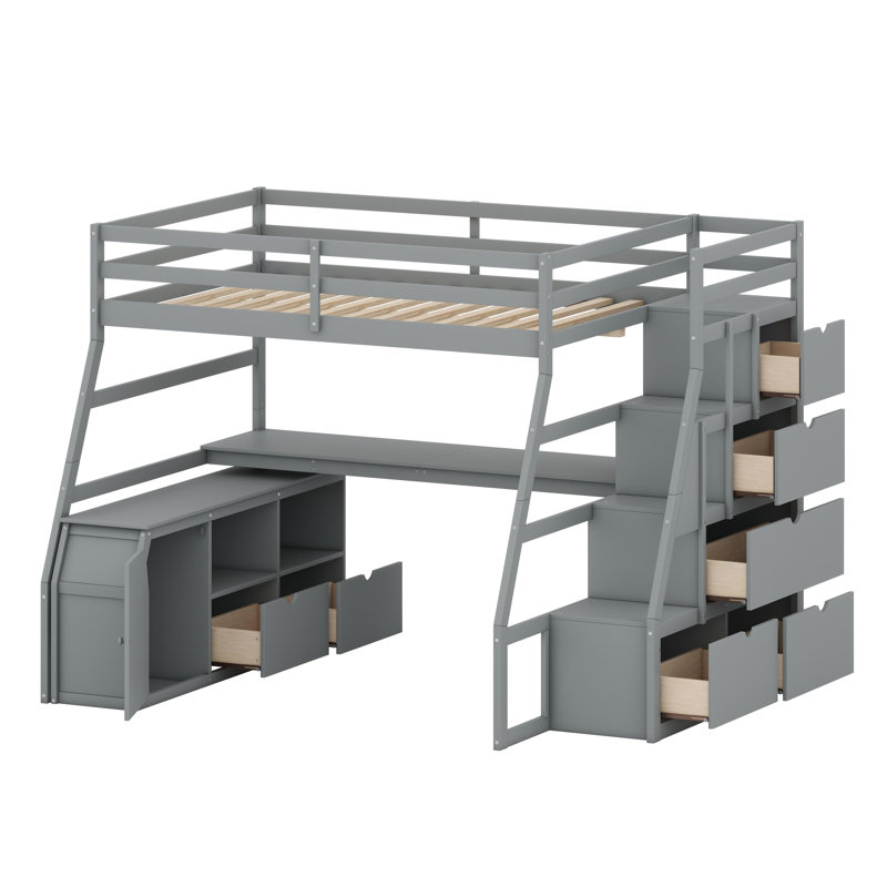 Lit mezzanine peu encombrant avec tiroirs de rangement intégrés, tablettes ouvertes et bureau d'étude intégré pour une vie moderne