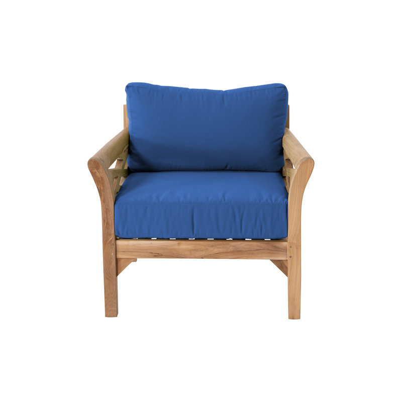 Monterey Teak Outdoor Seating Group with Cushions, Sapphire, 7 Pcs:  Sectional,Chair,Cushion,LS,Table,2Ottoman