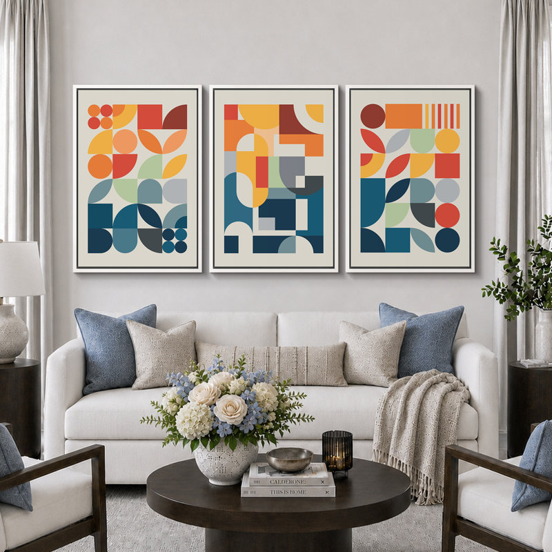 Abstrait, couleurs vives et abstraites «Œuvre abstraite et audacieuse bleu orange contemporain, images bohème de style Mid-Century moderne, impression numérique sur toile 3 pièces  