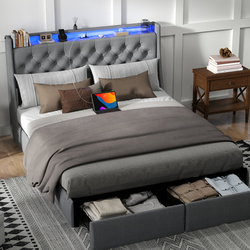 Gray Queen Upholstered Bed Frame with LED Lights and Storage