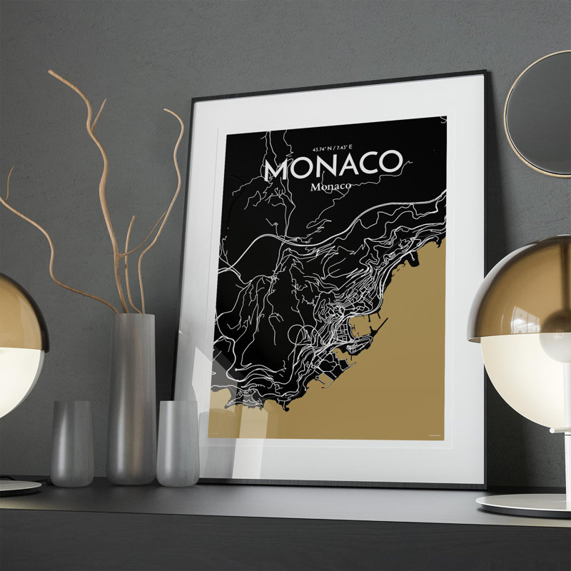 Monaco City Map, impression, H 27,6 po x l 19,7 po, Noir / or