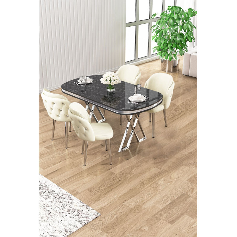 Ensemble de table et chaises de salle à manger (5 pièces), Ensemble de cinq pièces : table, quatre chaises, Crème
