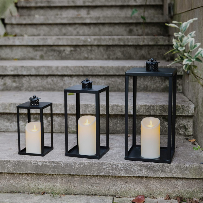 Ensemble de 3 lanternes de style campagnard noir avec des minuteries vacillantes