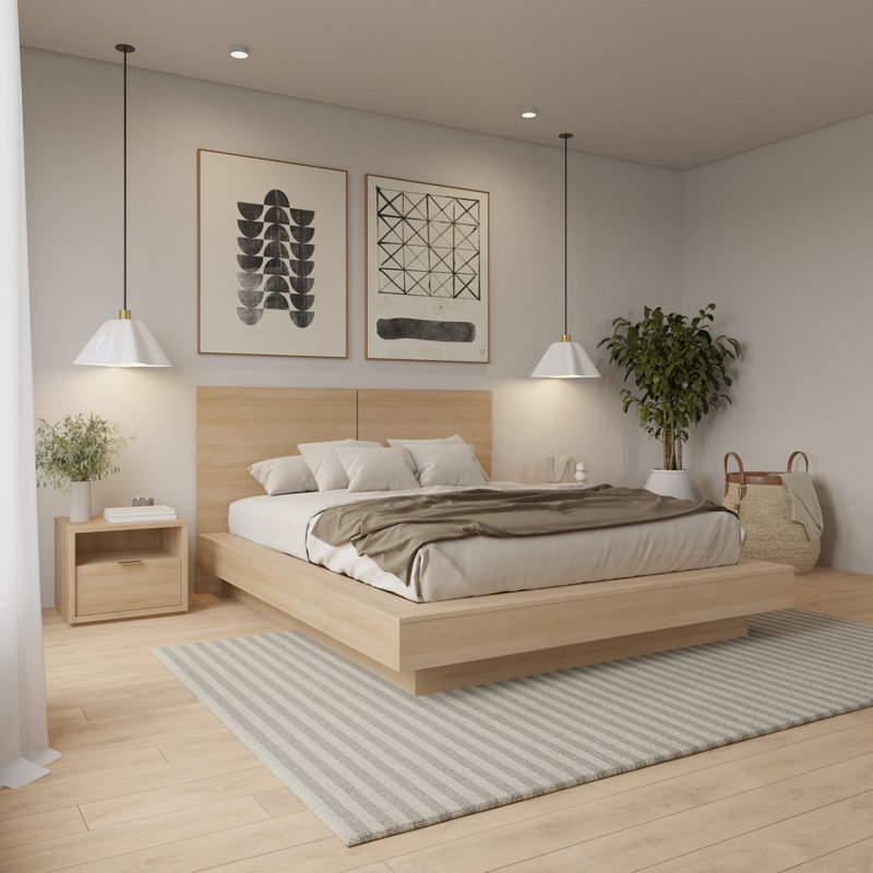 Ensemble de chambre à coucher 4 pièces avec tête de lit Dahlia, base de lit à lattes, 2 tables de chevet, Beige