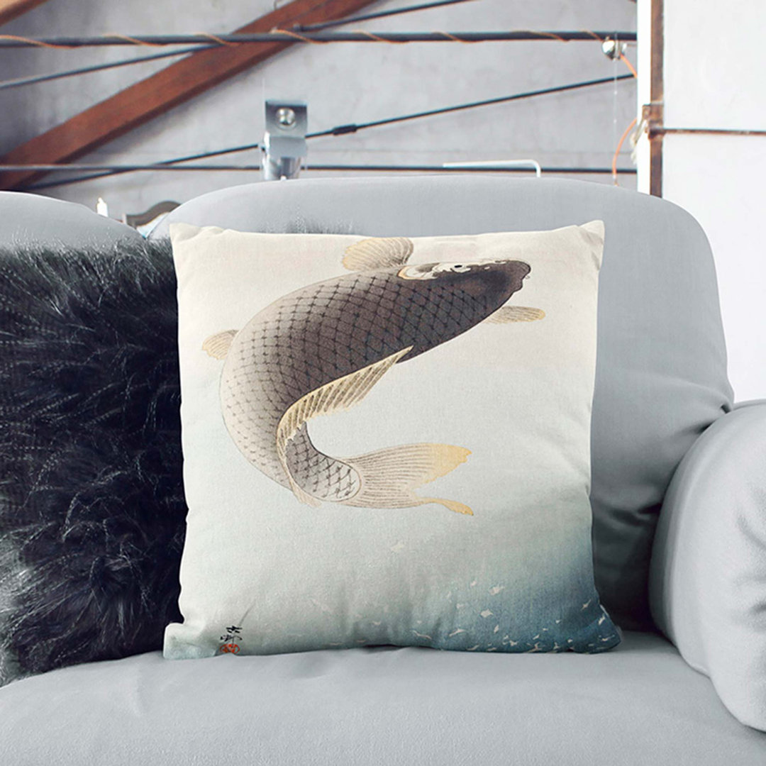 Jumping Carp Fish by Ohara Koson Cushion with Filling