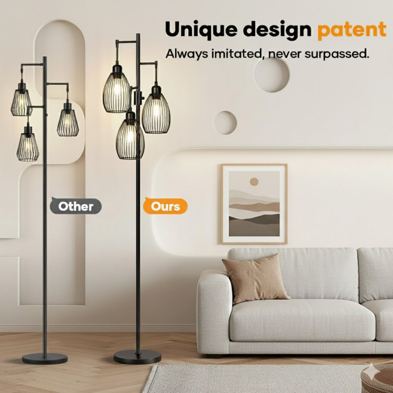 Dimmable Floor Lamp, 3 X 800LM LED Edison Bulbs Included, Farmhouse Industrial Floor Lamp Standing Tree Lamp With Elegant Teardrop Cage Tall Lamps For Living Room Bedroom Office Dining Room-Black
