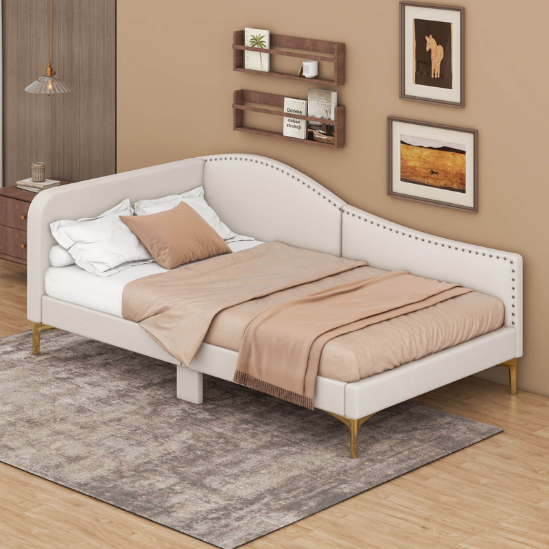 Lit de jour rembourré avec tête de lit et accoudoirs Aliccia, Lit simple, Beige