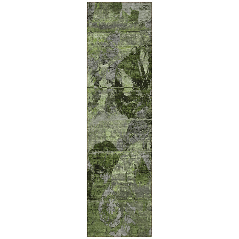 8' Runner Green and Gray Floral Washable Non Skid Indoor Outdoor Runner Rug