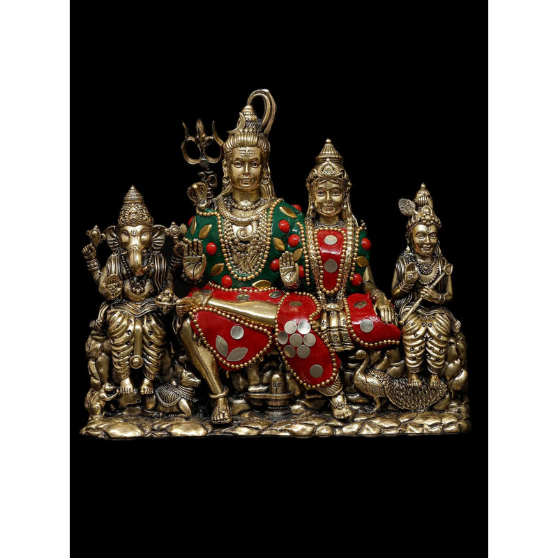 Petite statue de famille Shiva en laiton avec incrustation