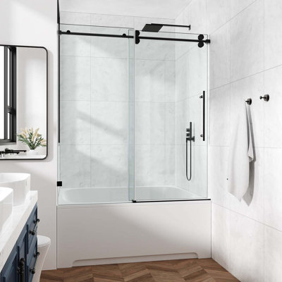 Porte de douche coulissante à panneau simple sans cadre l 72 à 76 po x H 76 po avec cadre en acier inoxydable noir mat et verre trempé de 3/8 po