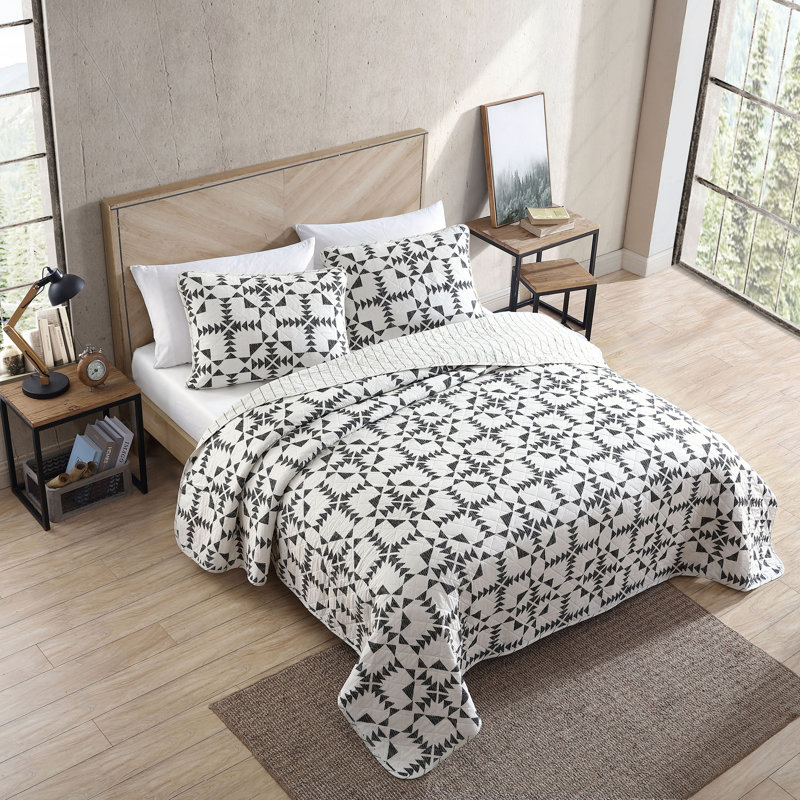 Ivory and Charcoal Cotton Twin Reversible Quilt Set