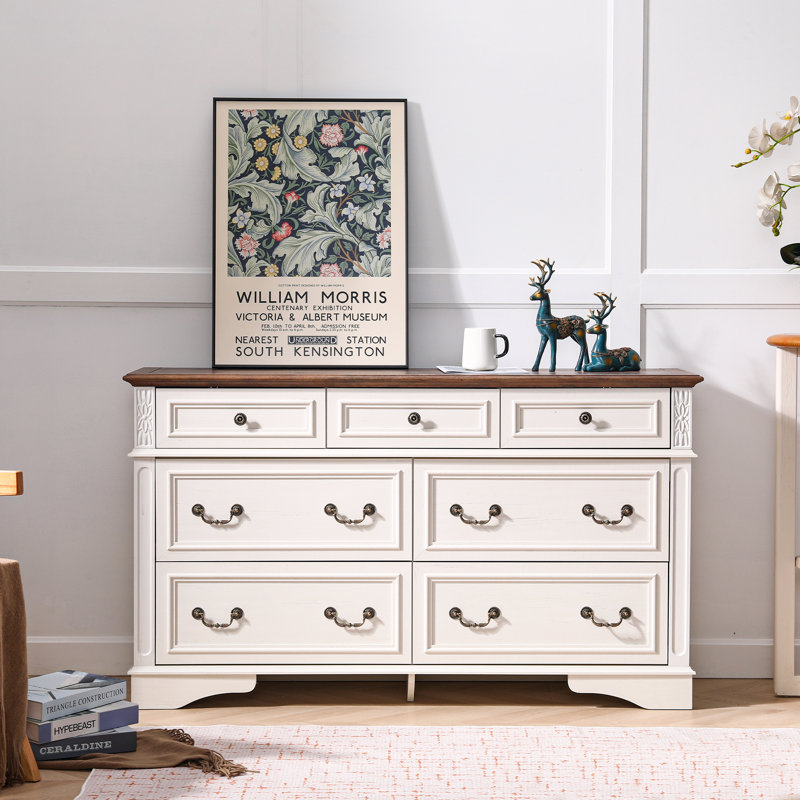 Commode double à 7 tiroirs l 54,9 po Farmhouse, Blanc/noyer