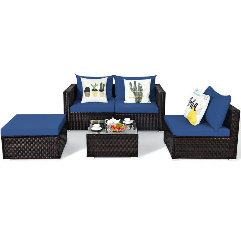 Ensemble de conversation pour patio en rotin 5 pièces avec repose-pieds et table basse, Bleu marine