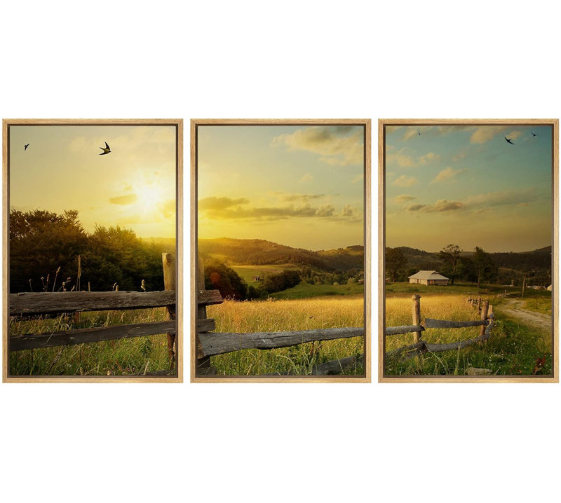 Rural Landscape Field and Grass Modern Wall Decor, 36" H x 72" W, Natural Floater Framed