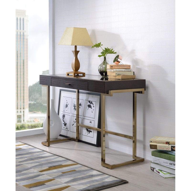 Table de bureau espresso en cuir synthétique et champagne