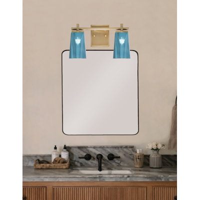 Barre d'éclairage de salle de bain 2 lumières Breen, fini laiton nouvel âge avec verre dégradé bleu l 4,5 po x H 6,5 po