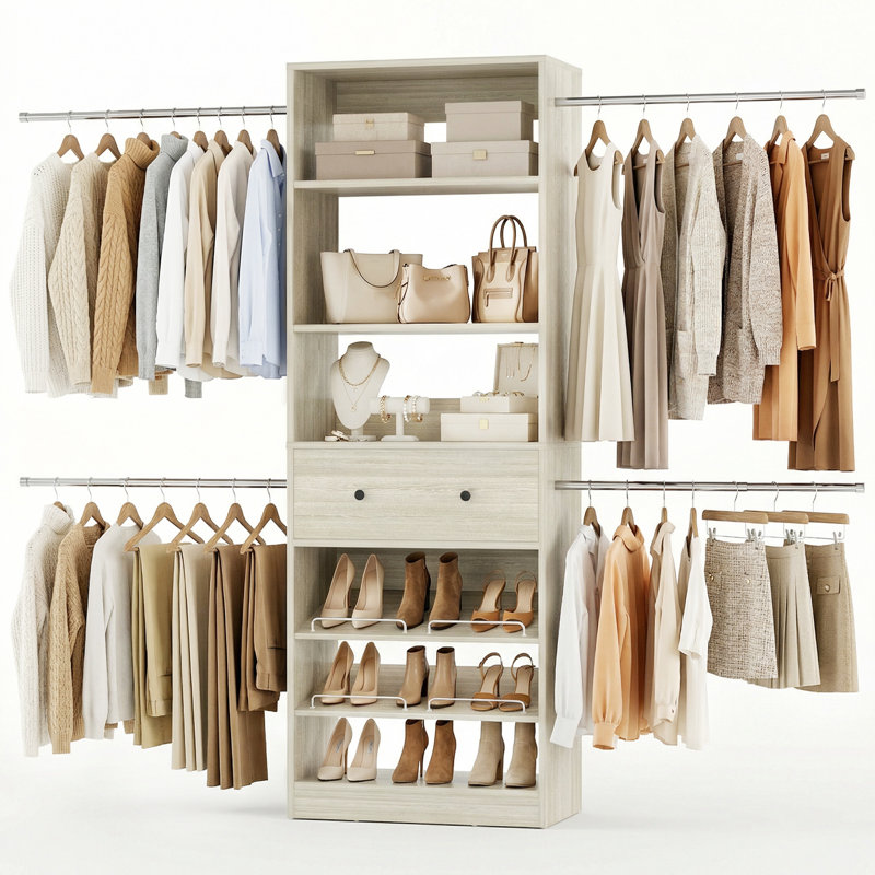 4FT-9FT Closet Organizer System with Drawer & 4 Hanging Rods