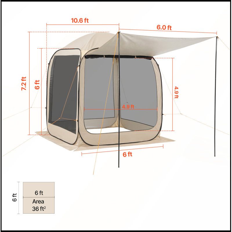 Tente spacieuse avec moustiquaire 6 x 6 pi avec auvent prolongé pour 4 à 6 personnes, H 29,53 po x l 29,53 po x P 5,51 po