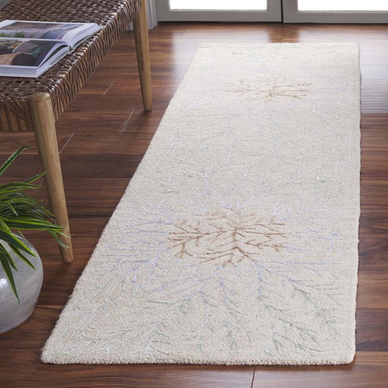 Tapis floral gris / beige en laine / coton / viscose touffeté à la main Kaiyden, Tapis de couloir 2 pi 3 po x 8 pi