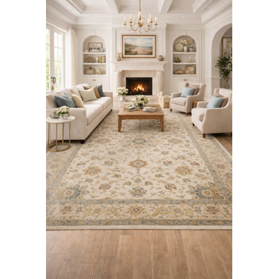 Tapis crème en laine noué à la main floral 9 pi x 12 pi Floral