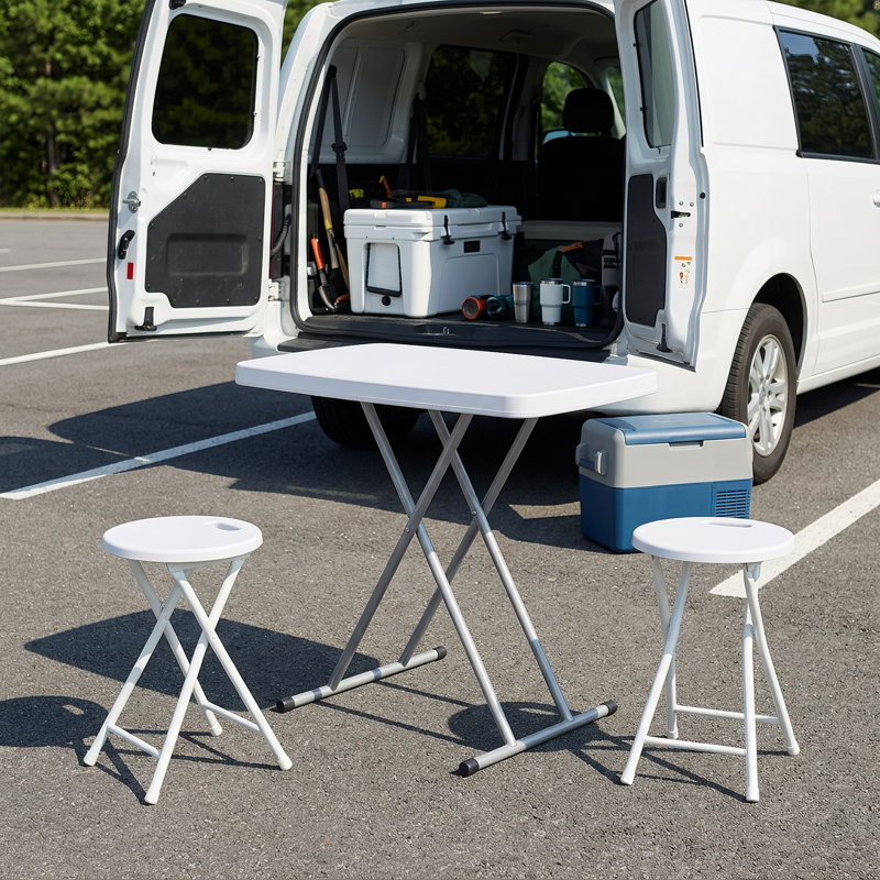 Ensemble table et tabourets pliants 3 pièces, petit bureau portatif en plastique avec 2 chaises pliables, structure robuste en PEHD et acier pour une utilisation intérieure, extérieure, VR et camping, blanc