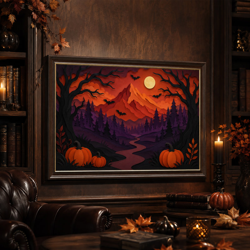 Citrouilles en papier superposées et forêt avec montagnes - Toile murale d'Halloween, 12"H x 18"W