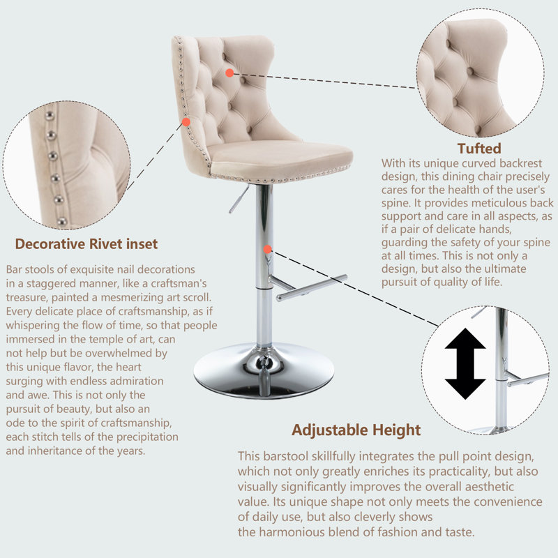 Beige Velvet Swivel Bar Stools with Chrome Base, Set of 2