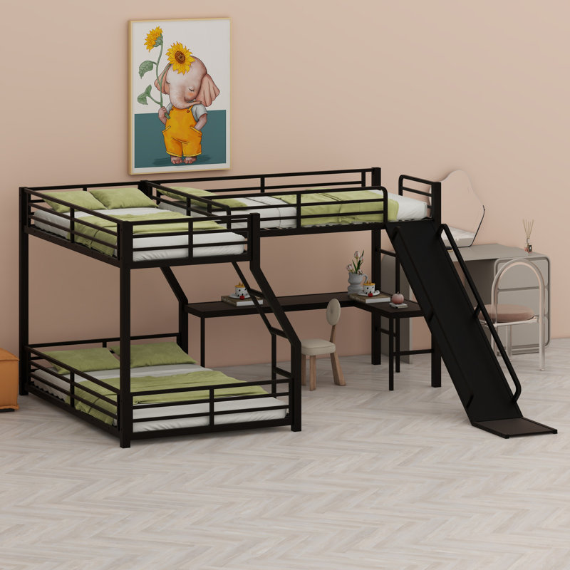 Lit superposé en L avec lit mezzanine, lit superposé triple en métal avec glissade et ports USB, Jumeaux sur complet