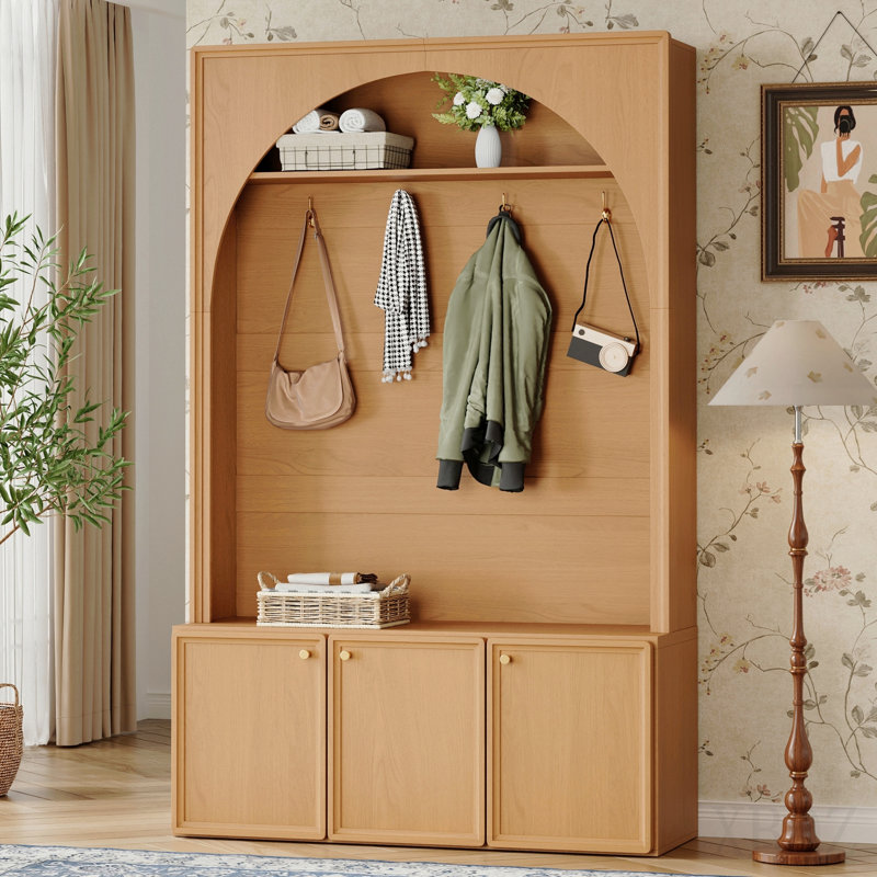 Farmhouse All-in-One Hall Tree with Adjustable Shelves, Retro Arched Entryway Storage Bench with 3 Cabinets, Wooden Coat Rack Organizer with 4 Golden Hooks for Mudroom, Hallway, Natural/Teak