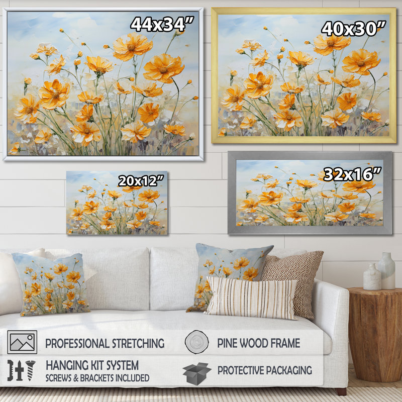 Charme de souci jaune discret II sur toile, Cadre simple argenté, H 12 po x l 20 po x P 1 po