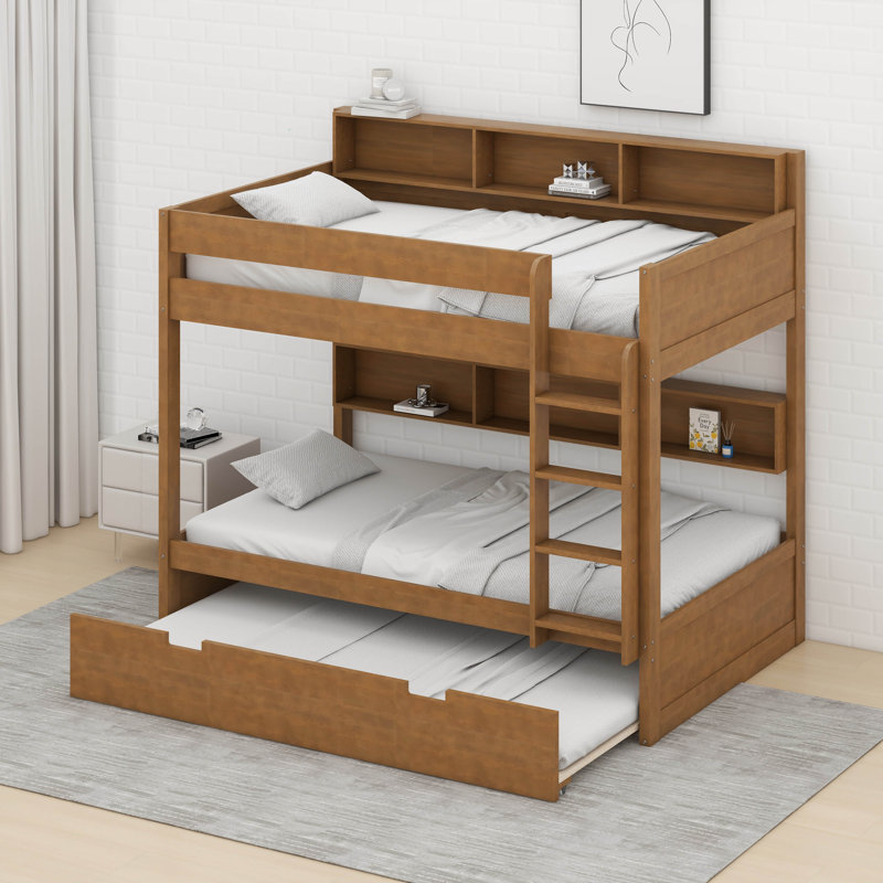 Bunk Bed Frame With Trundle And Storage Shelves, Solid Wood Floor Bunk Bed With Ladders And Guardrails, Simple sur simple