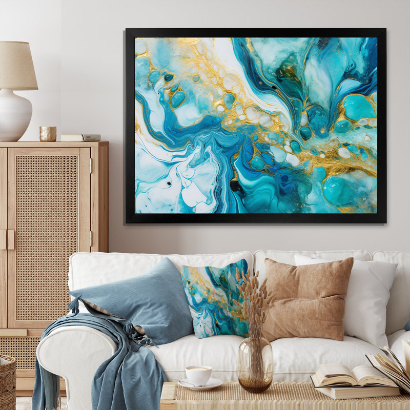 Turquoise de luxe abstrait, art fluide, impression sur toile abstraite, Cadre simple noir, H 34 po x l 44 po x P 1,5 po