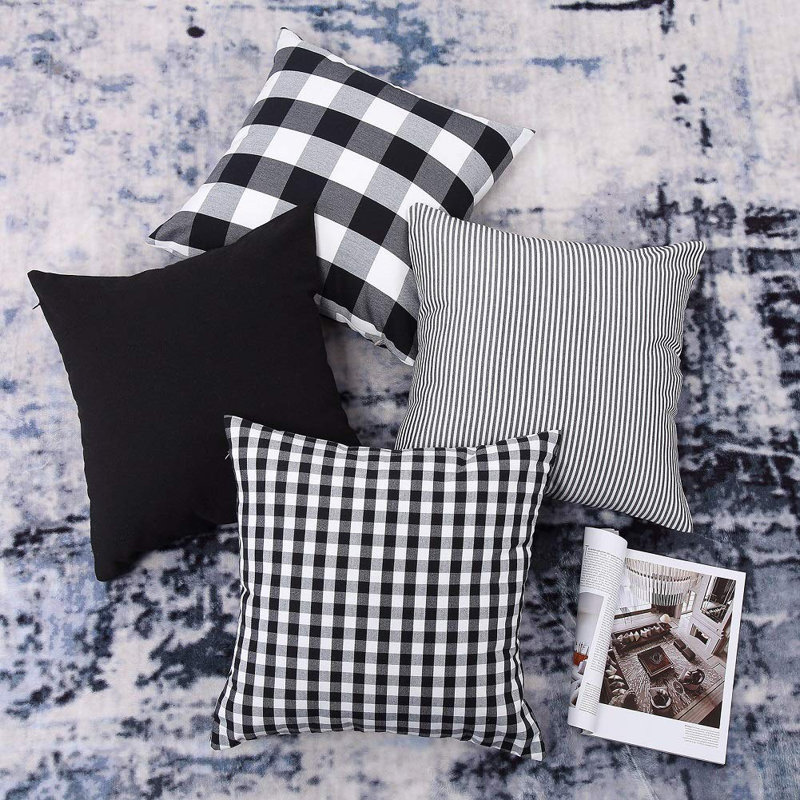 Petite taie d'oreiller à carreaux en polyester et coton frais sans housse de coussin de canapé, Noir