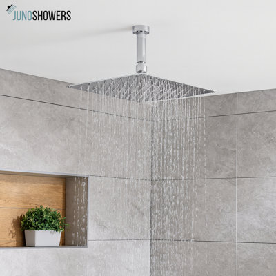 Juno 24-Inch LED Chrome Square Rainfall Shower Head – Modern Ceiling-Mount with Temperature-Sensitive Lights