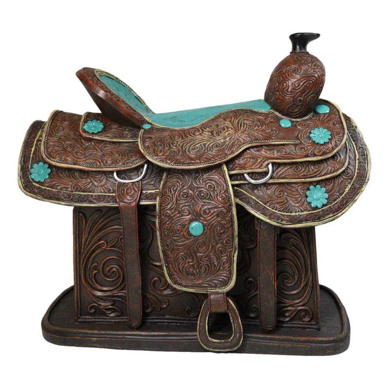 Figurine décorative de selle western, centre de table, similicuir travaillé, accents turquoise, 33 cm (L)