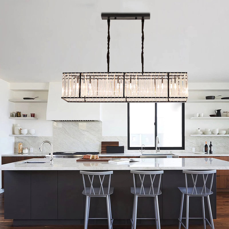 6-Light Matte Black Crystal Linear Chandelier/Dimmable Kitchen Island Pendant