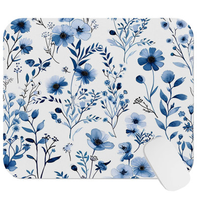 Botanical Blue WIldflowers Floral Pattern IV Plants Cottage & Cottagecore Gaming Cute Office Laptop Desk Pad Gift Mat Square Rectangle Non-Slip Mousepad