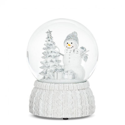 Boule à neige bonhomme de neige et arbre sur une base en tricot avec boule à neige musicale