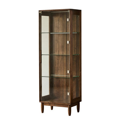 19.69" Vintage Brown Walnut Solid Wood Glass‑Door Display Cabinet, Living Room Wine Storage & Bookshelf